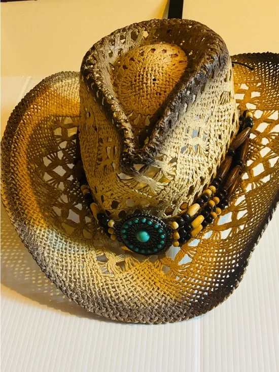 Beaded Straw Cowgirl Hat with Turquoise Concho - Tan/Brown - Picture 1 of 6